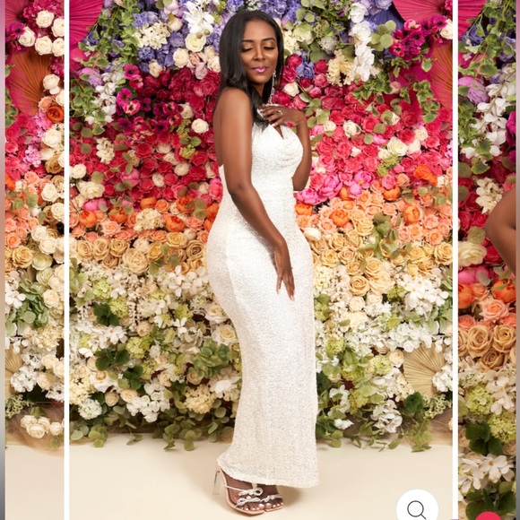 White Sequin Stretch Gown with Slit - Picture 4 of 6